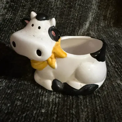 Ceramic Cow Planter or Catchall, Black and White Spotted Farmhouse Figure
