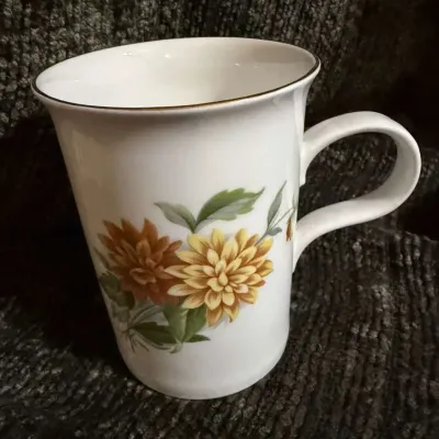 Crown Dorset Fine Bone China Mug, Yellow and Brown Floral Design, Gold Rim
