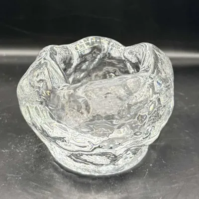 Scandinavian Style Clear Glass Ice Block Tealight Candle Holder, Textured Frosty Finish, Wavy Rim