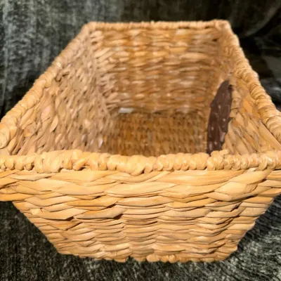 Rectangular Woven Seagrass Storage Basket with Metal Handle Plates, Natural Tan, Rolled Rim