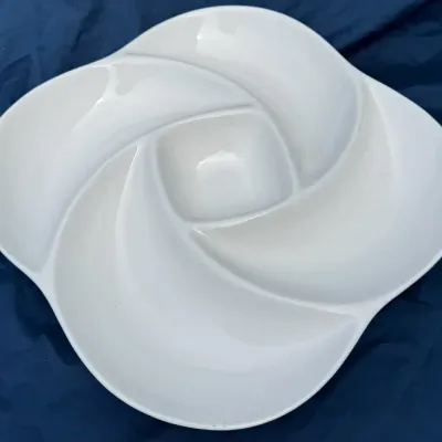 Palm Restaurant White Ceramic Divided Serving Platter Swirl Appetizer Tray