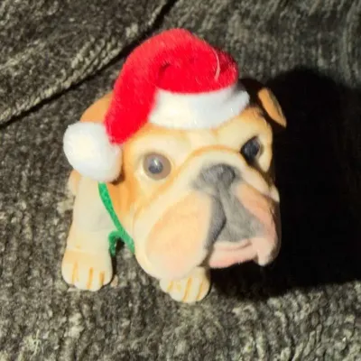 Plush Pug Dog Christmas Ornament, Santa Hat and Green Collar, Approx. 4”