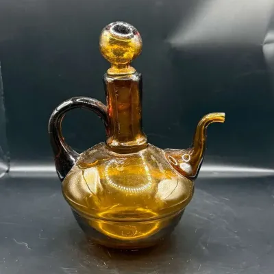 Vintage Amber Glass Cruet with Ball Stopper, Hand-Blown Style Oil or Vinegar Pitcher, Curved Spout