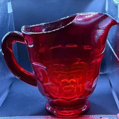 Vintage Ruby Red Glass Pitcher, Faceted Honeycomb Pattern, Footed Base, Applied Handle. 6.5 in