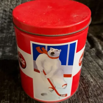 Vintage Coca-Cola Polar Bear Hockey Tin, Round Lidded Metal Canister, Red and White, Collectible