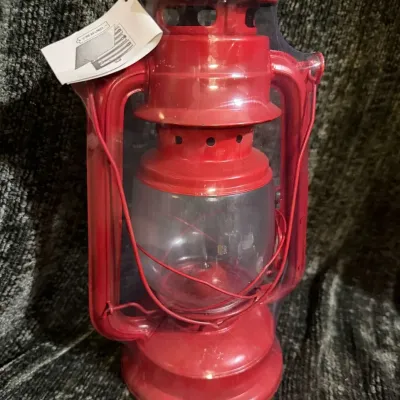 Red Lantern with Clear Globe, Metal Carry Handle, Approx. 10.5 in Tall