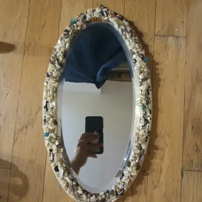 Oval Shell and Bead Embellished Wall Mirror, Approx. 17” x 10”