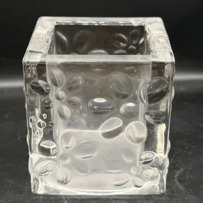 Mid-Century Style Clear Glass Cube Candle Holder, Heavy Square Votive with Raised Daisy Flower Desig