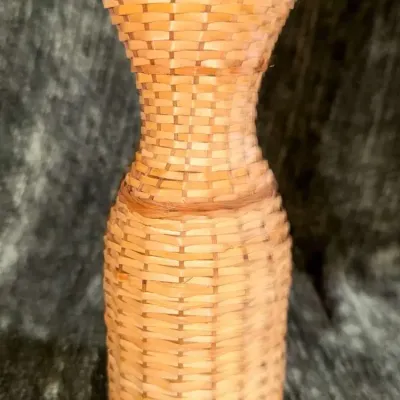 Wicker-Wrapped Glass Vase, Hourglass Shape, Natural Tan Woven Cover