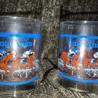 Pair of Santa Anita Horse Racing Glass Tumblers, Blue Trim and Equestrian Design