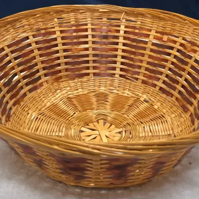 Vintage Handwoven Wicker Fruit Bread Basket Two-Tone Reed Bowl 11”