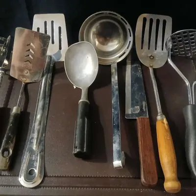 Vintage Kitchen Utensil Lot: Mixed Metal Tools, Strainers & Wood-Handle Pieces