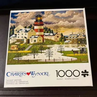 Charles Wysocki “Twilight Sentinel” 1000-Piece Buffalo Jigsaw Puzzle, Lighthouse Village Scene
