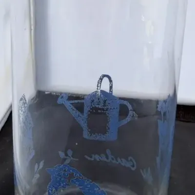 Vintage Clear Glass Vase / Tumbler with Blue Garden & Floral Motif