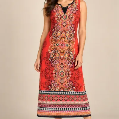 Notations Red Paisley Print Sleeveless Dress, Size S, Black V-Neck Trim