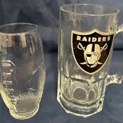 Vintage Oakland Raiders Glass Beer Mug & Football-Shaped Drinking Glass NFL Lot of 2