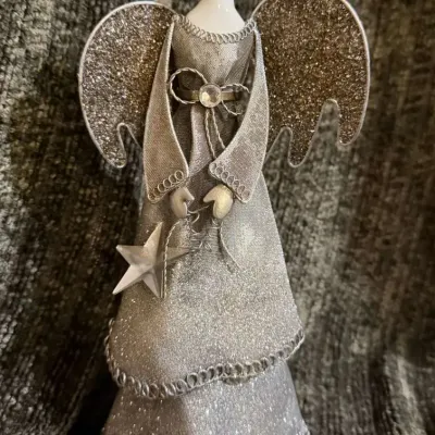 Silver Glitter Angel Figurine, Porcelain Face, Metal Glitter Wings, Tiered Gown with Wire Trim