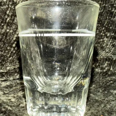 Clear Glass Tumbler with White Stripe and Faceted Base, Approx. 4 in