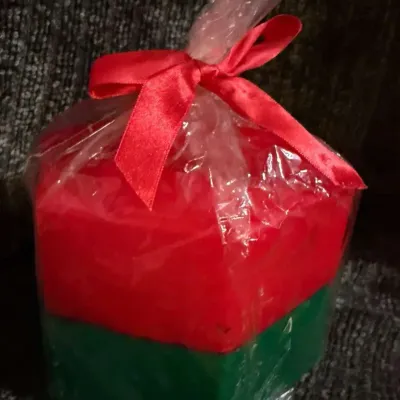 Vintage Red and Green Two-Tone Hexagonal Christmas Pillar Candle, Cellophane Wrapped with Red Satin 