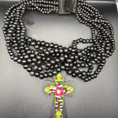Multi-Strand Black Beaded Necklace with Colorful Cross Pendant