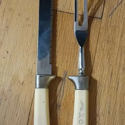 Vintage Carving Set with Cream Handles, Knife and Meat Fork
