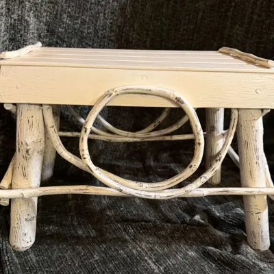 Rustic Distressed Cream Wooden Footstool, Slatted Top with Curved Ring Sides, Approx. 10” High