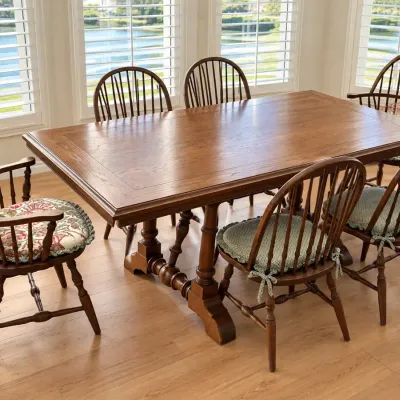 Traditional Wood Dining Table with Six Spindle-Back Chairs