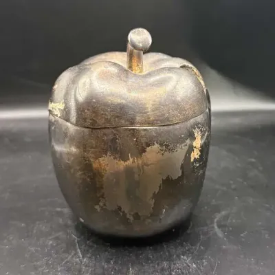 Vintage Silverplate Apple Jam Pot with Hinged Lid, Glass Liner and Spoon, Figural Fruit Preserve Jar