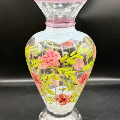 Hand-Painted Glass Vase with Pink Roses and Green Leaves, Ruffled Plum Rim, Polka Dot Accents