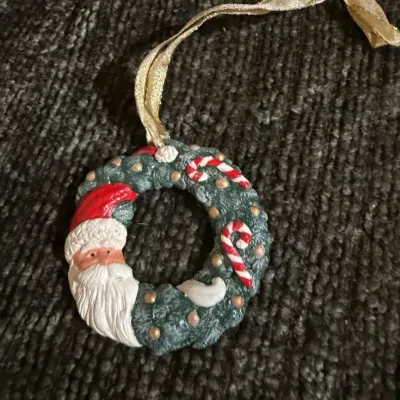 Santa Claus Christmas Wreath Ornament, Hand-Painted Style with Gold Hanging Ribbon