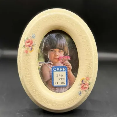 Vintage Carr Ceramic Oval Picture Frame, Cream Crackle Glaze, Pink Rose and Blue Floral, 2x3 Photo, 