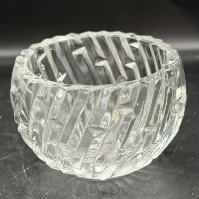 Vintage Clear Glass Swirl Candle Holder, Heavy Round Votive with Spiral Faceted Design, Zigzag Rim