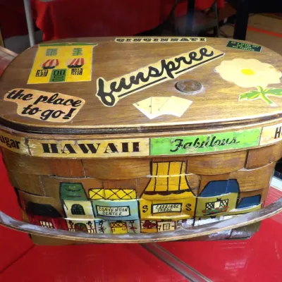 Sale Photo Thumbnail #3: Vintage Caro Nan hand-painted wooden basket purse, featuring whimsical travel-themed decals and illustrations including "Funspree" and "Hawaii."
