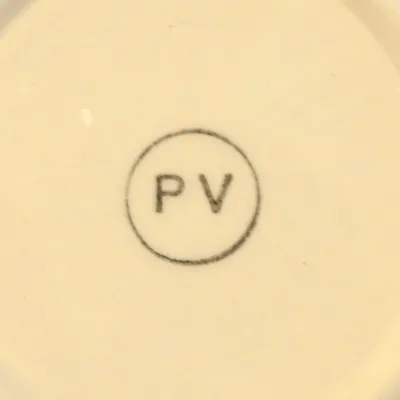 Sale Photo Thumbnail #50: Peasant Village (PV) maker's mark stamped on the underside of a ceramic piece, indicating its mid-century Italian import provenance.