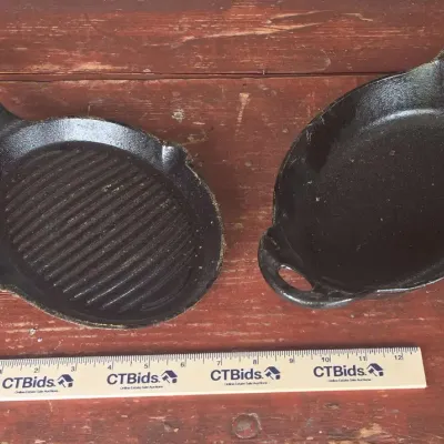 Sale Photo Thumbnail #31: Jim Beam Oval Grill Skillet 9"×6.5" & Lodge Cast Iron Dual Handle Skillet