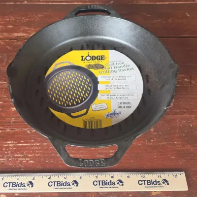 Sale Photo Thumbnail #13: New Lodge 12-Inch Seasoned Cast Iron Dual Handle Grilling Basket