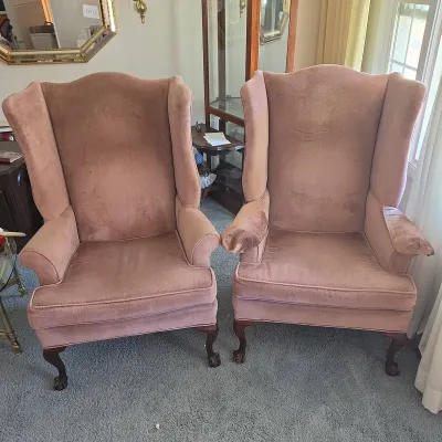 Pair Thomasville Queen Anne-Style Wingback Armchairs, Pink