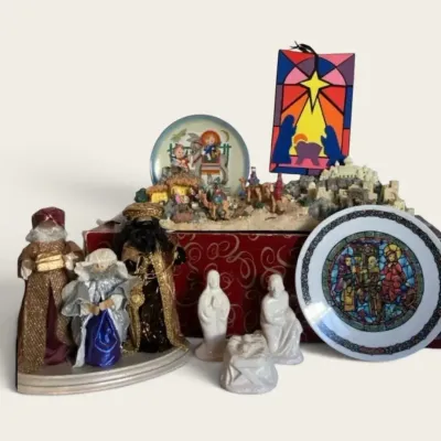 Vintage Christmas Nativity Lot - Wise Men, Ceramic Holy Family, Plate 8 Pcs