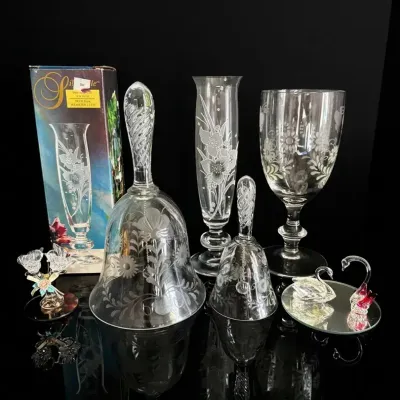 Floral Etched Glass Lot- Vases, Bells & More