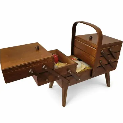 Vintage Wooden Accordion Sewing Box -w/ Vintage Vogue Pattern, Disney Patches, MORE!