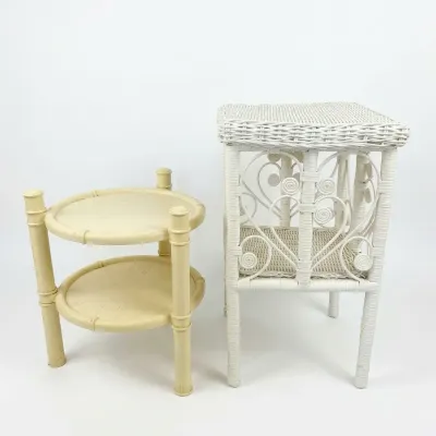 2 Vintage Side Tables, 70s Syroco Faux-Bamboo 2-Tier & White Wicker 