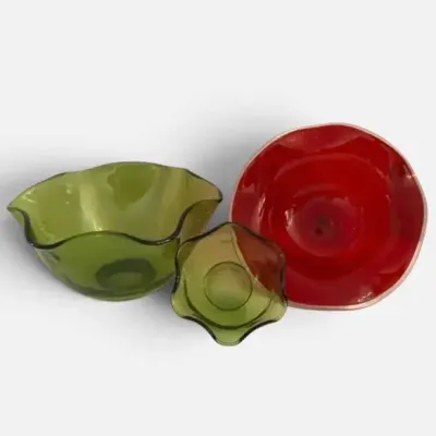 MCM Glassware - Green Chip Dip & Ruby Red Ruffled Footed Bowl