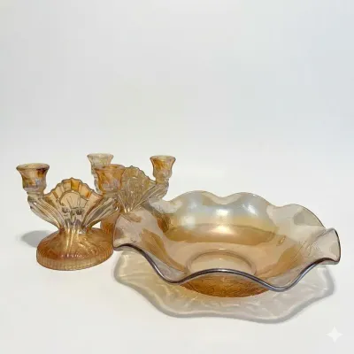 Marigold Carnival Glass Taper Candle Holders & Ruffled Bowl - Jeannette Glass Co. 
