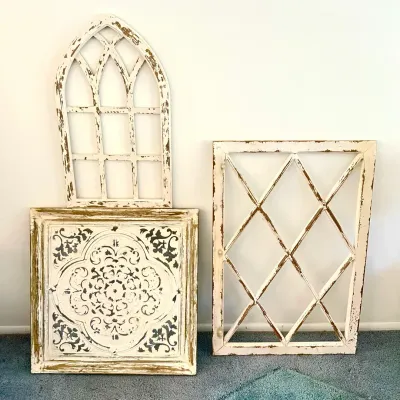 Wall Decor Lot - Wood Faux Windows & Embossed Metal Panel 