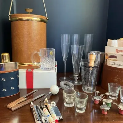 Vintage Barware Lot- Ice Bucket Flask Set Crystal And More 