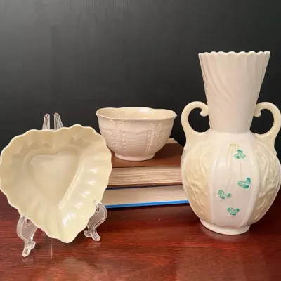 Belleek Ireland Parian China Lot - Shamrock Vase, Basketweave Bowl, Heart Dish