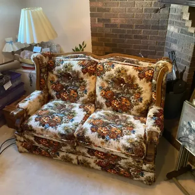 Beautiful Vintage Rustic Wood And Upholstery Sofa, Clayton Marcus #2