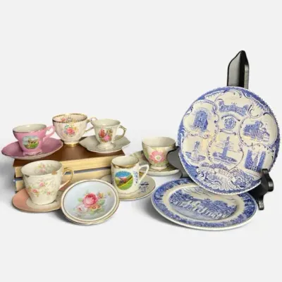 Vintage Souvenir Teacups, Saucers, Plates, Transferware 