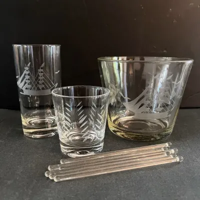 Etched Glass Barware- ‘Clipper Ship’ Glasses, Ice Bucket, MORE 