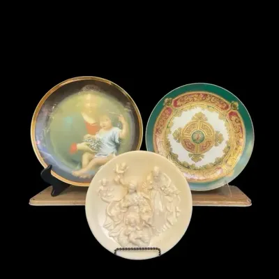 Vintage Religious Collector Plates, Italian Alabaster Nativity, Green Gilded, Mother & Child